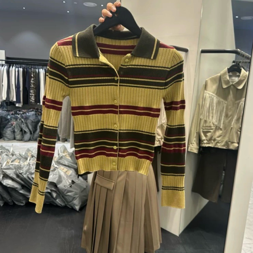 TP22006- 韓國短身復古修身撞色條紋毛衣針織開襟衫