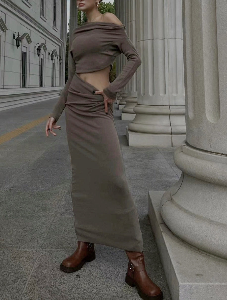 ST11216- FW23 Korean off-shoulder short sexy top with hip-covering long skirt fashion suit