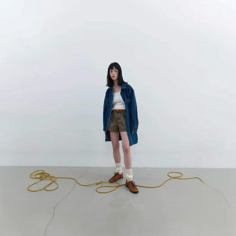 DN21899- 美式復古寬鬆長版牛仔襯衫外套