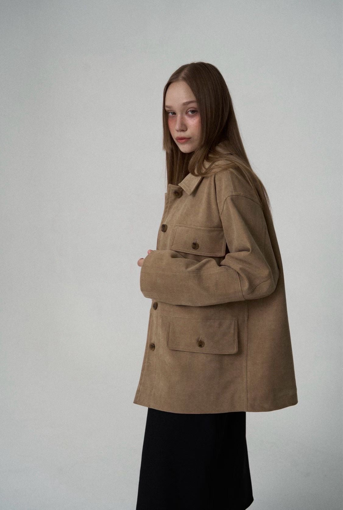 OT22018- 韓國復古寬鬆工裝大口袋翻領高品質防麂皮外套