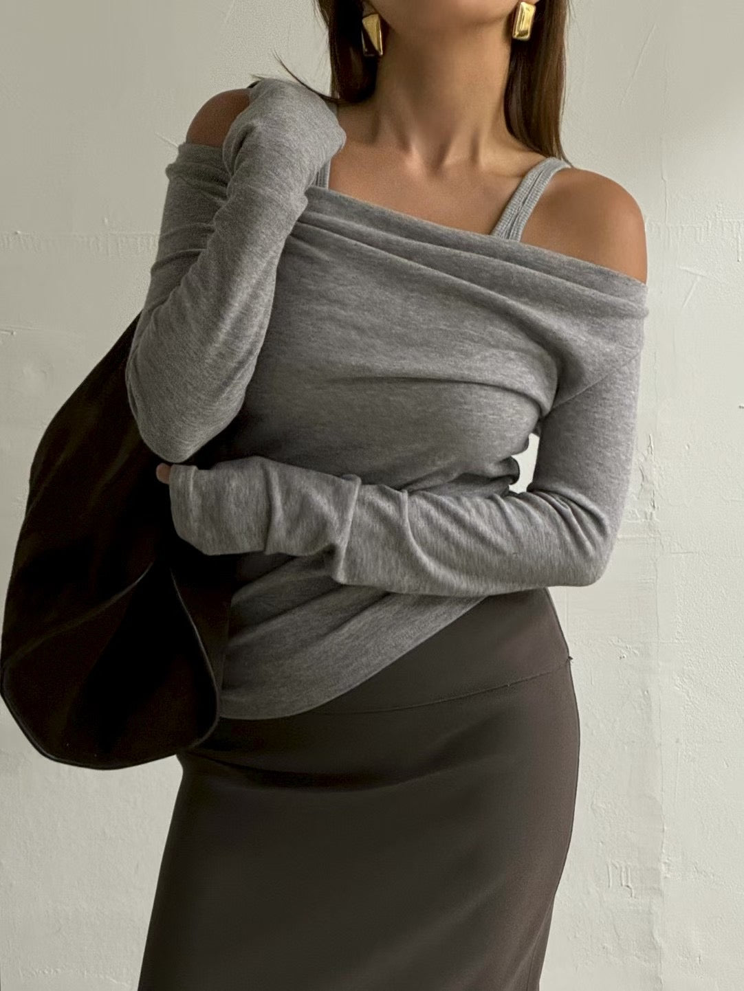 TP22019- 韓國秋冬性感羊絨混紡垂墜露肩長袖上衣