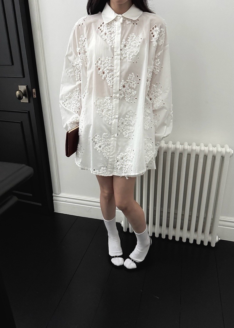 ST21309 - Fresh Embroidered Oversize Shirt and Skirt Set, a Fashionable and Elegant Essential.