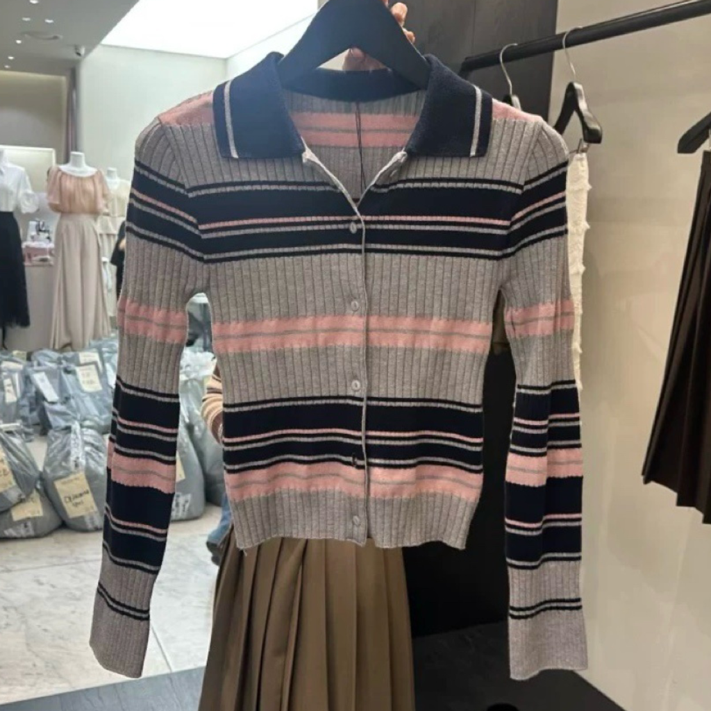 TP22006- 韓國短身復古修身撞色條紋毛衣針織開襟衫