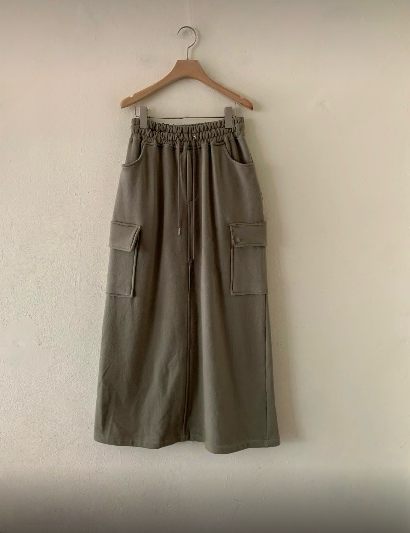SK21962- 韓國工裝大口袋抽繩鬆緊腰長裙