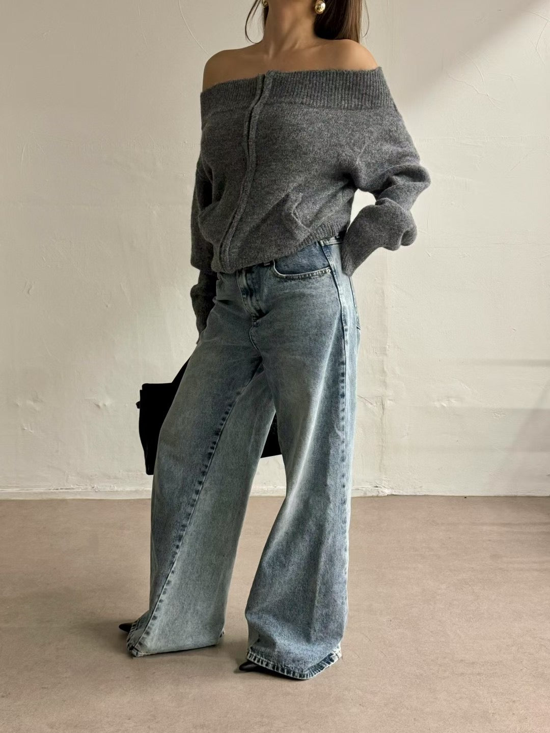 TP22086- 韓國法式羊毛混紡一字領寬鬆長袖毛衣