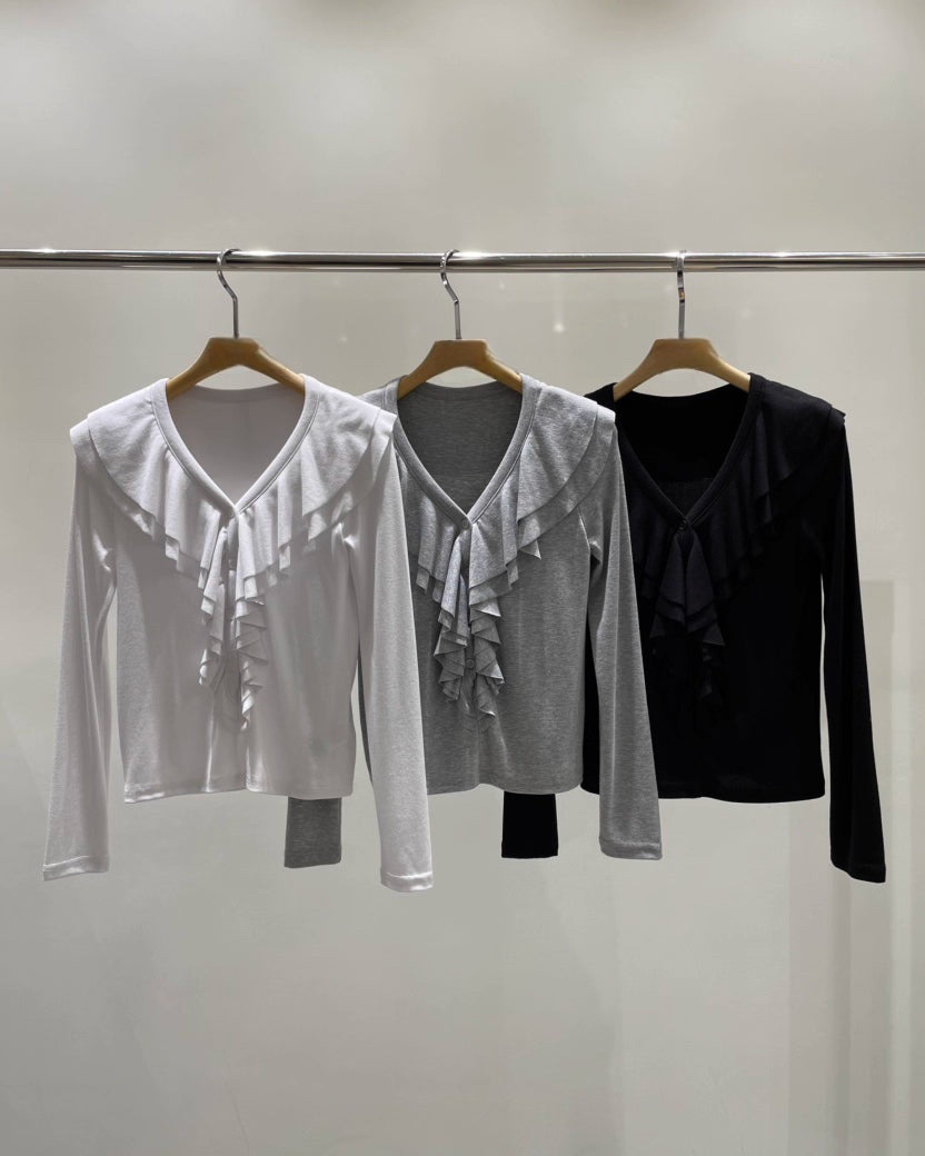 TP22016- 韓國設計師款荷葉領氣質修身長袖T恤上衣