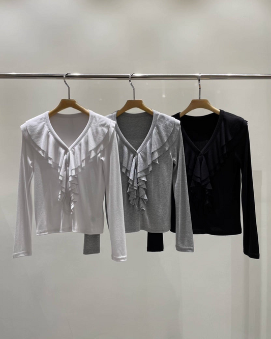 TP22016- 韓國設計師款荷葉領氣質修身長袖T恤上衣