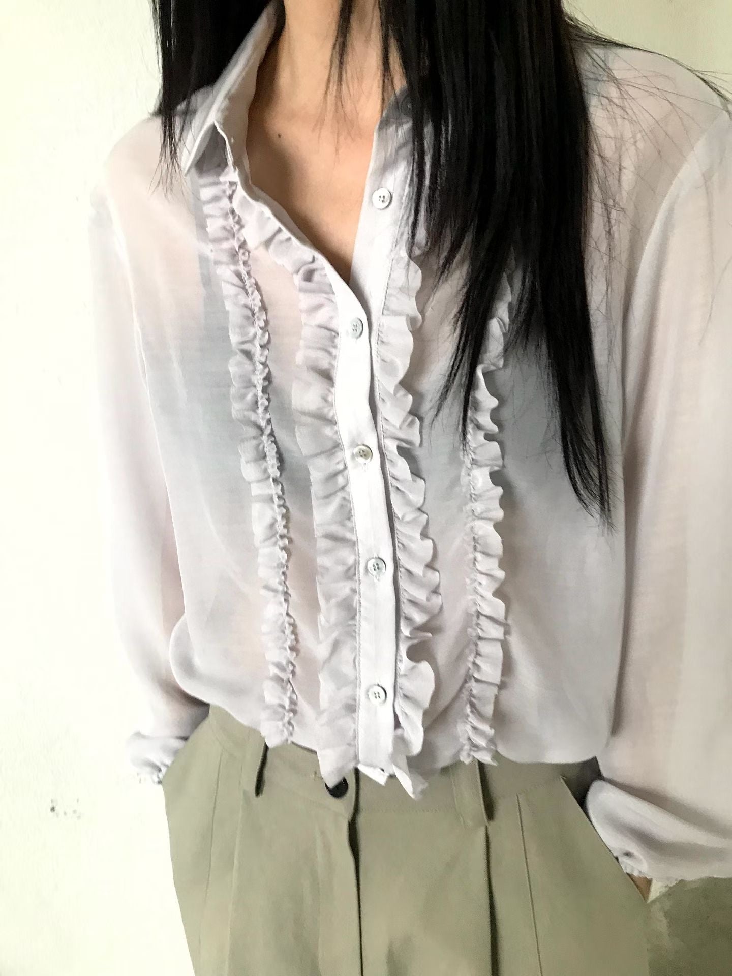 TP21968- 韓國浪漫法式甜美荷葉邊雪紡襯衫