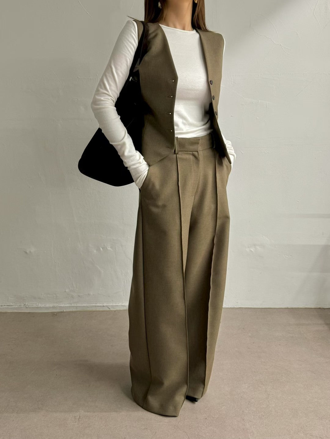 ST22090- 韓國西裝馬甲背心 + 寬鬆直筒褲兩件套