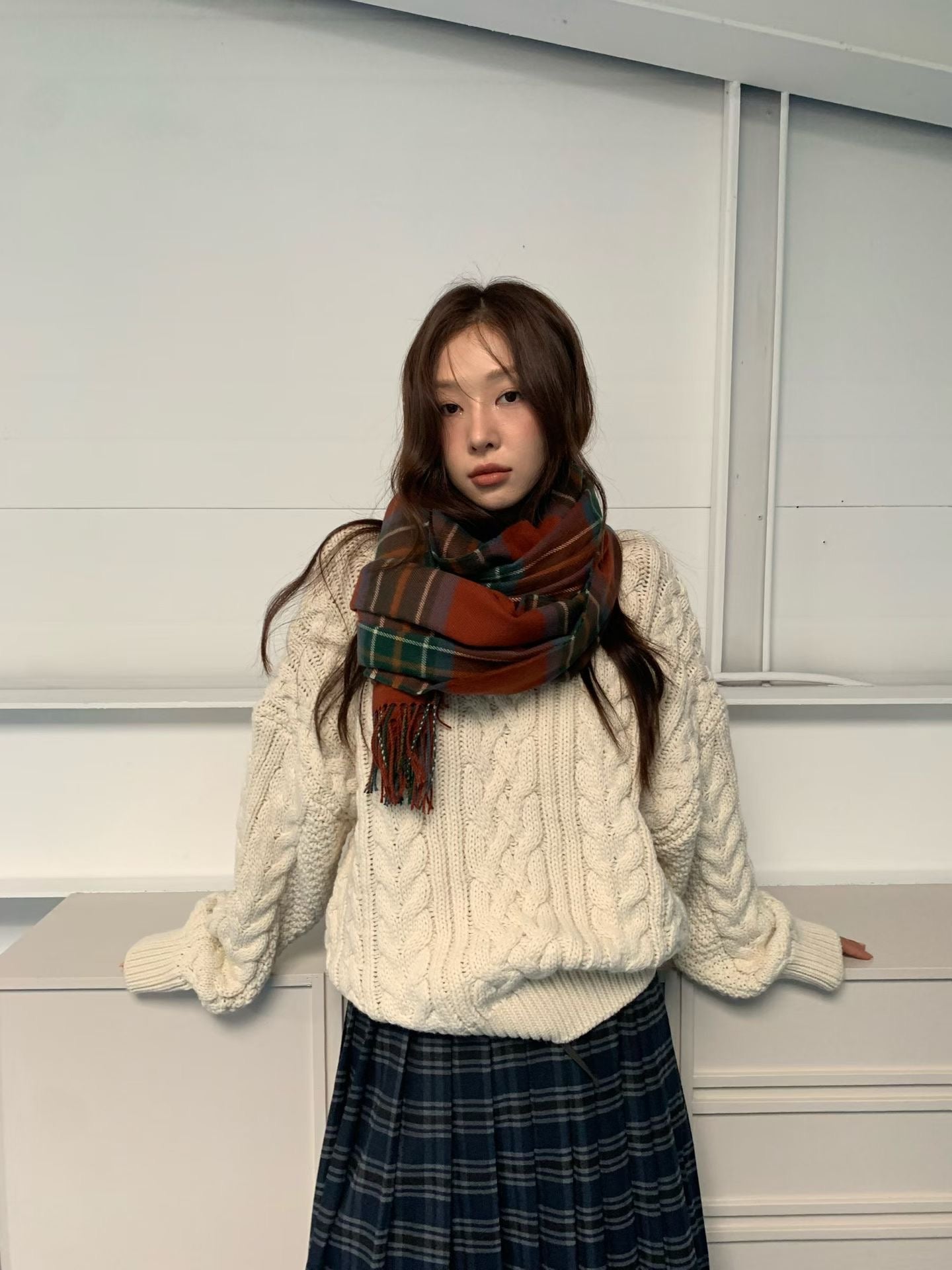 TP22096- 韓國經典麻花紋圓領寬鬆毛衣