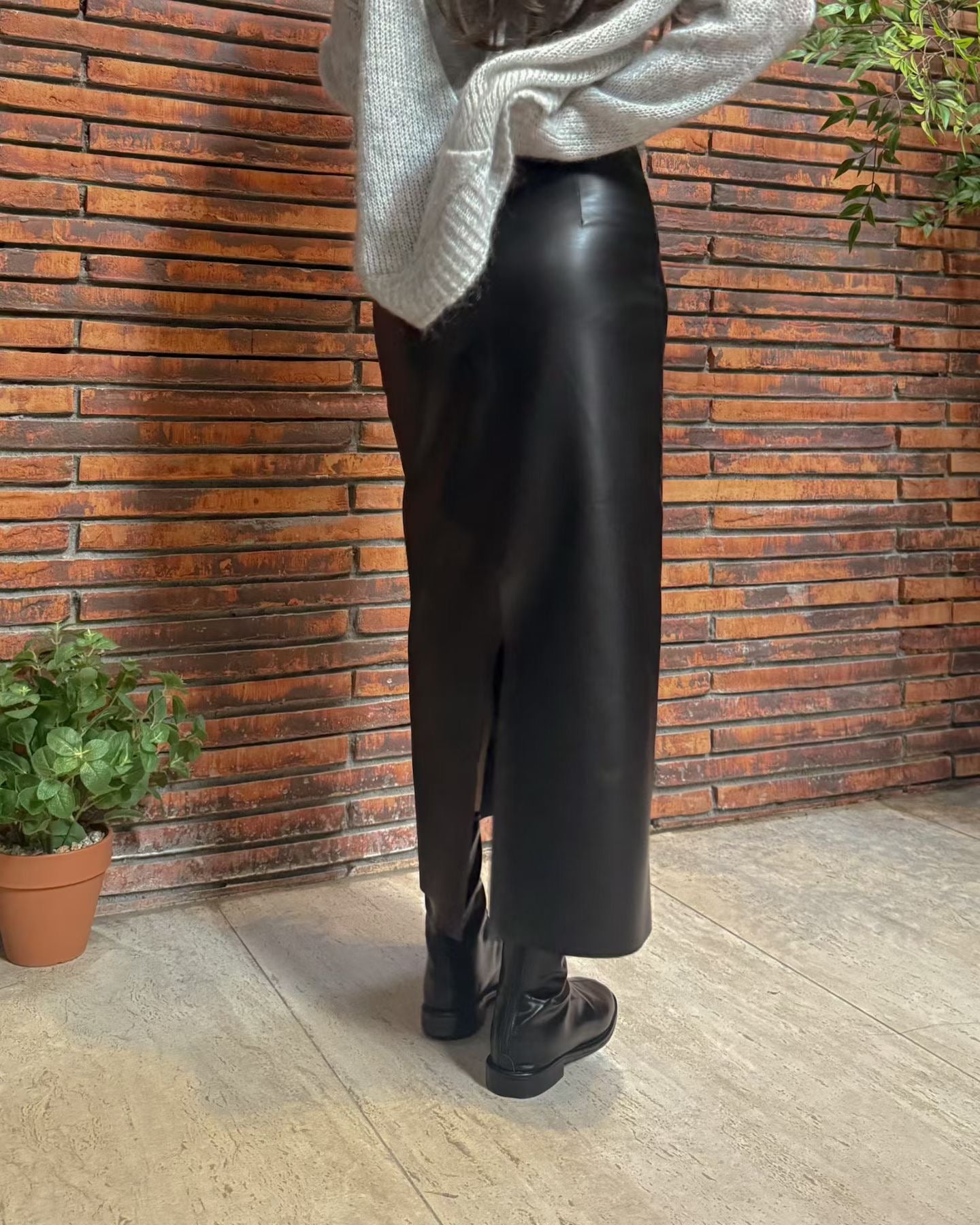 SK21902- 韓國高腰PU皮中長裙