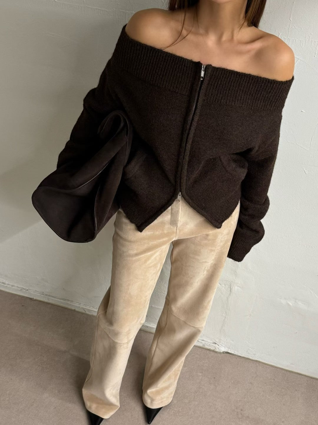 TP22086- 韓國法式羊毛混紡一字領寬鬆長袖毛衣