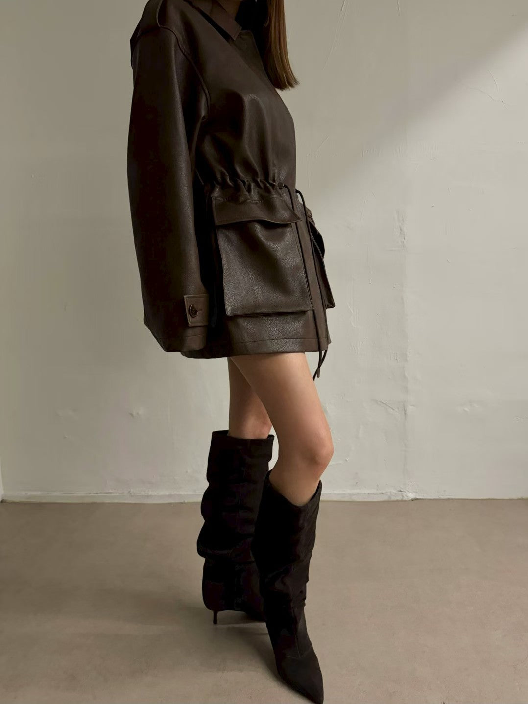 JK22089- 韓國PU皮革寬鬆機車外套