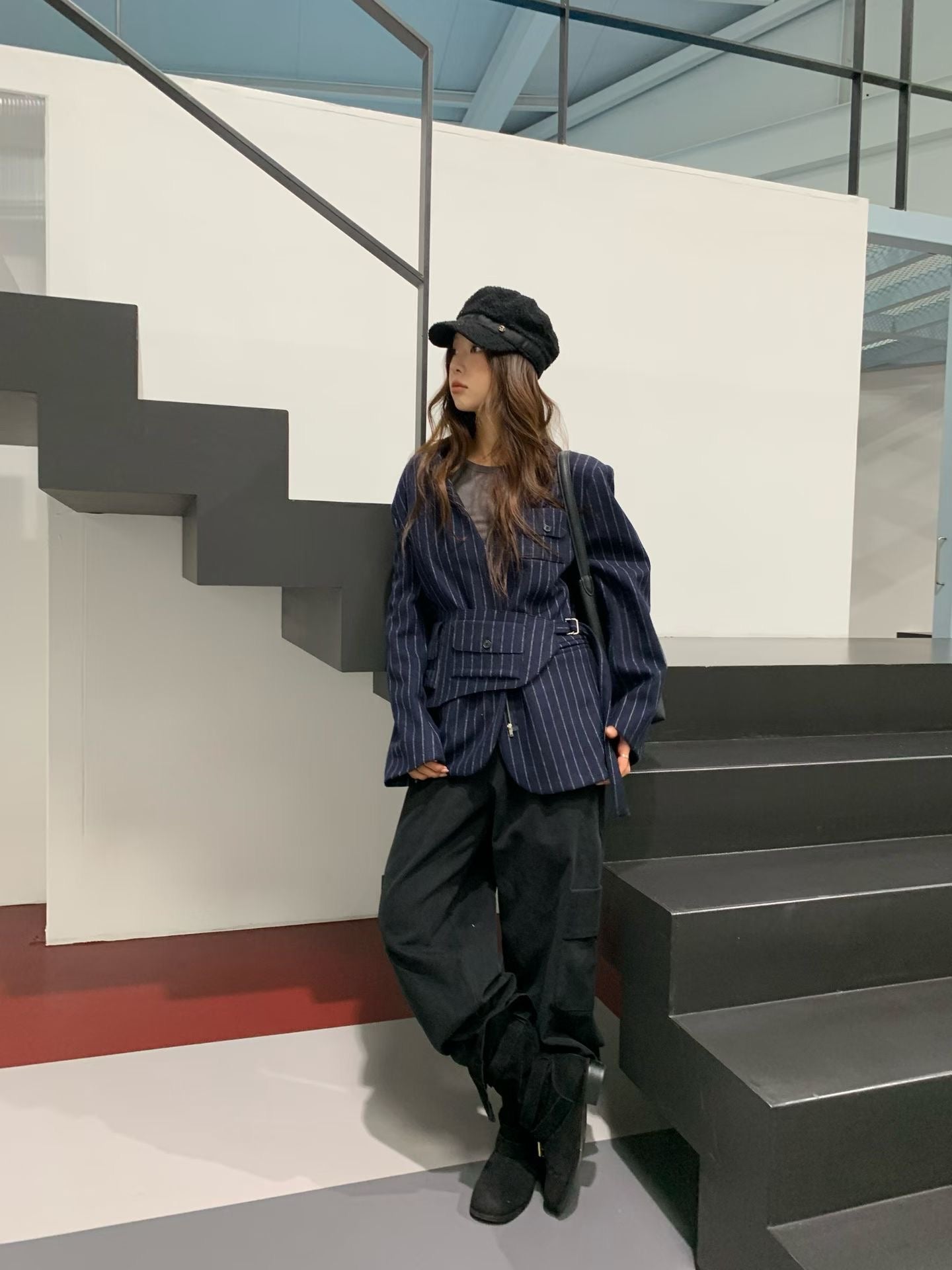 JK22083- 韓國率性無領條紋拉鍊西裝外套