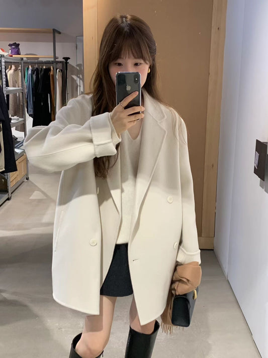 OT21933- 韓國氣質通勤雙排扣羊毛呢大衣外套