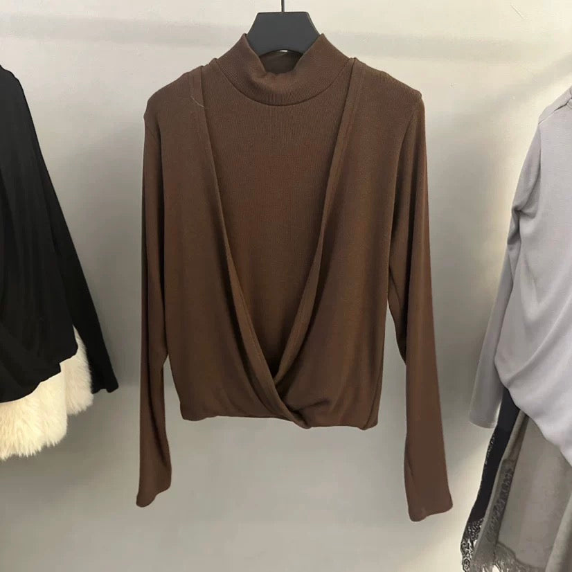 TP22020- 韓國高領露肩針織假兩件上衣