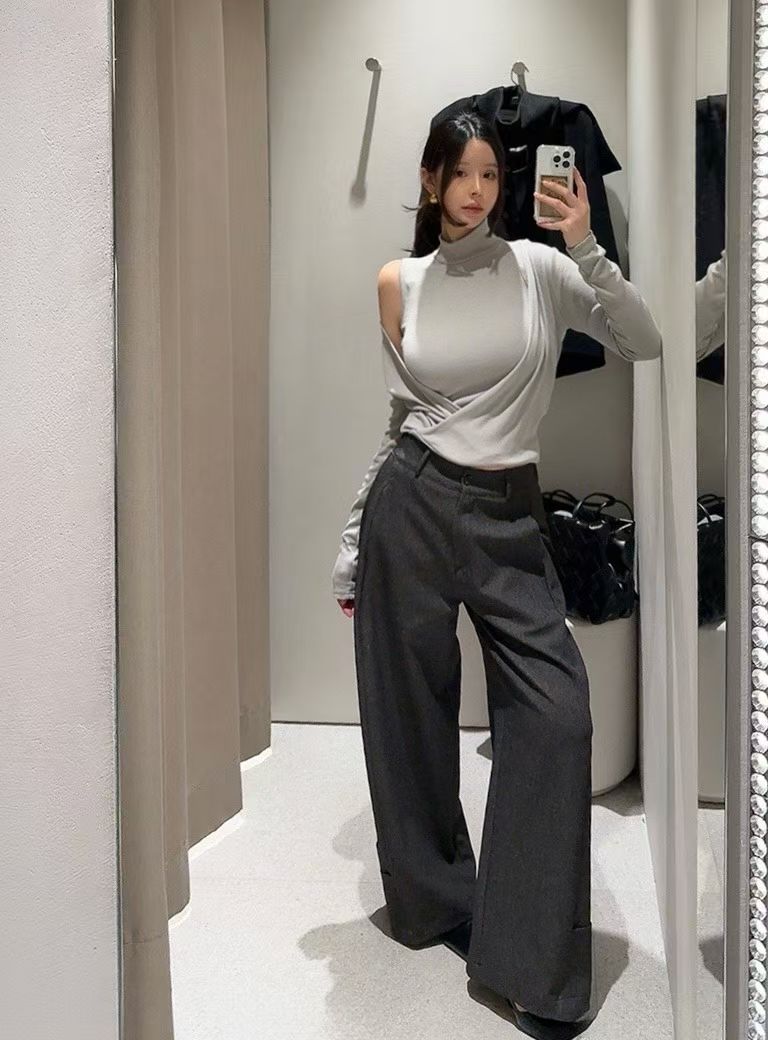 TP22020 - South Korea High Neck Off-Shoulder Knitted Faux Two-Piece Top