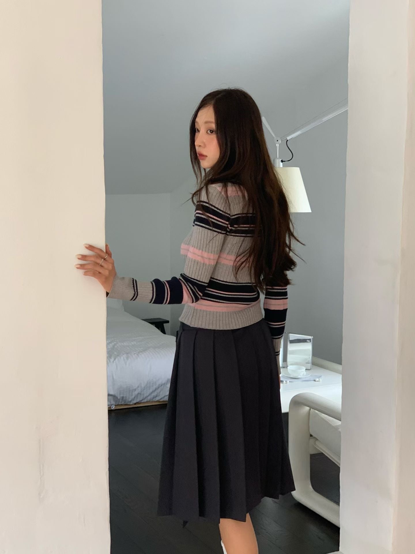 TP22006- 韓國短身復古修身撞色條紋毛衣針織開襟衫