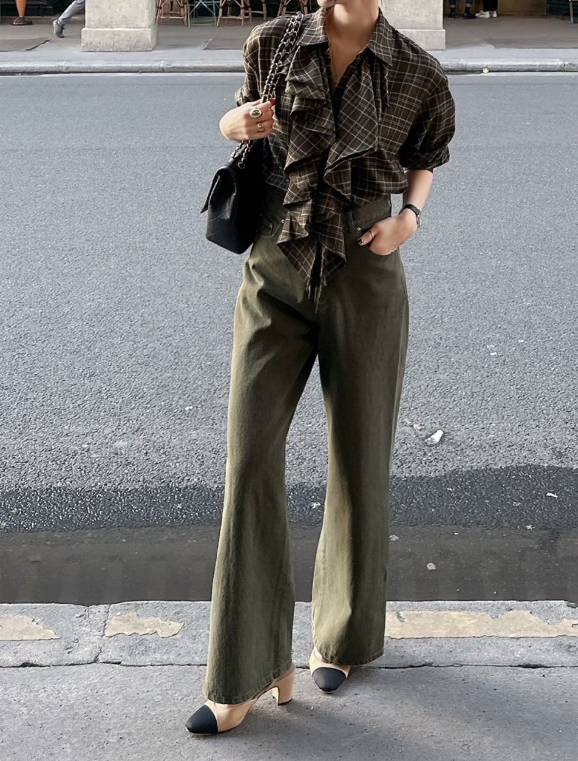 TP22073- 韓國設計師款復古浪漫格紋荷葉邊長袖襯衫