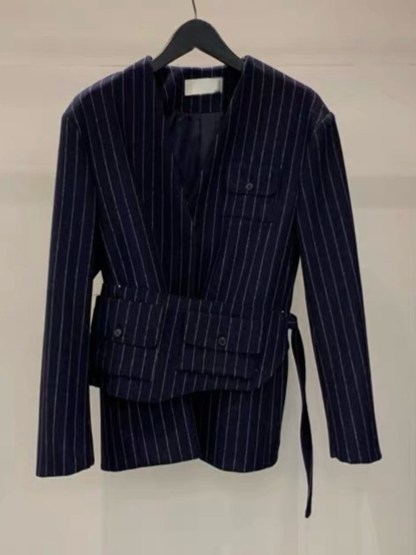 JK22083- 韓國率性無領條紋拉鍊西裝外套