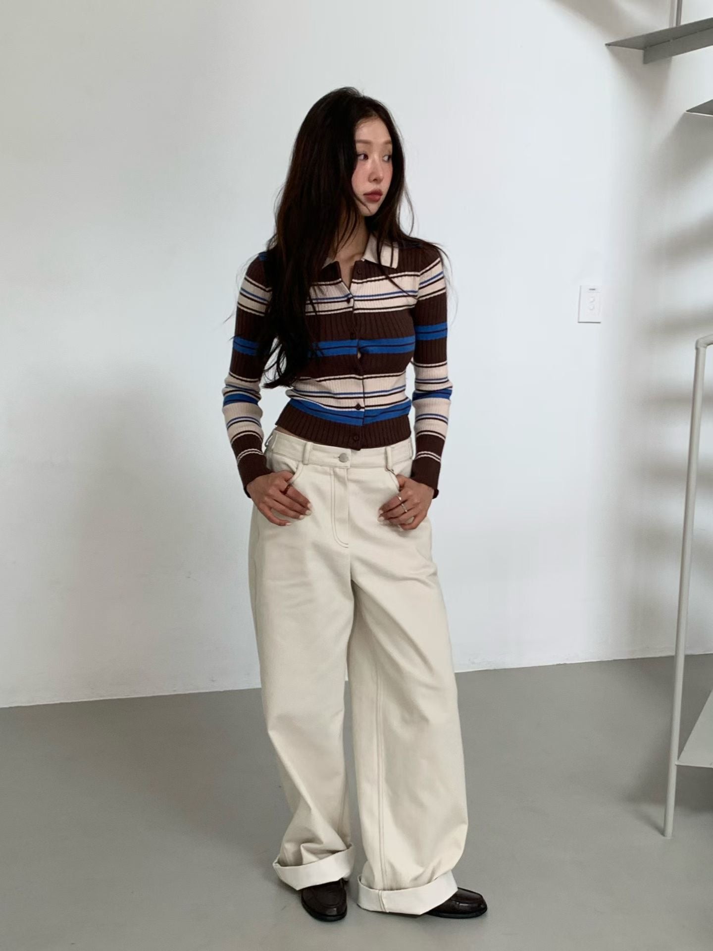 TP22006- 韓國短身復古修身撞色條紋毛衣針織開襟衫