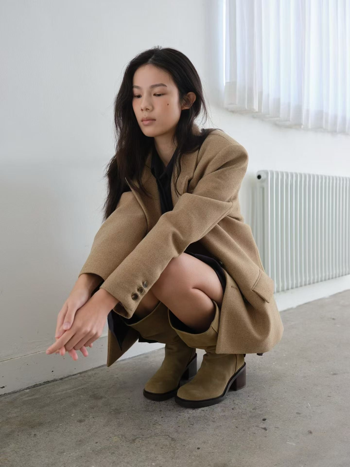 OT22026- 韓國設計師款經典寛鬆百搭毛呢雙排扣西裝