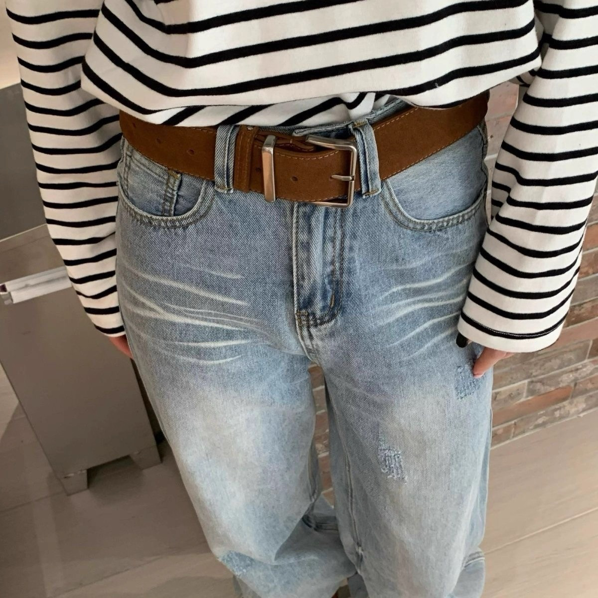 AC22068- 高質麂皮牛皮方釦腰帶皮带