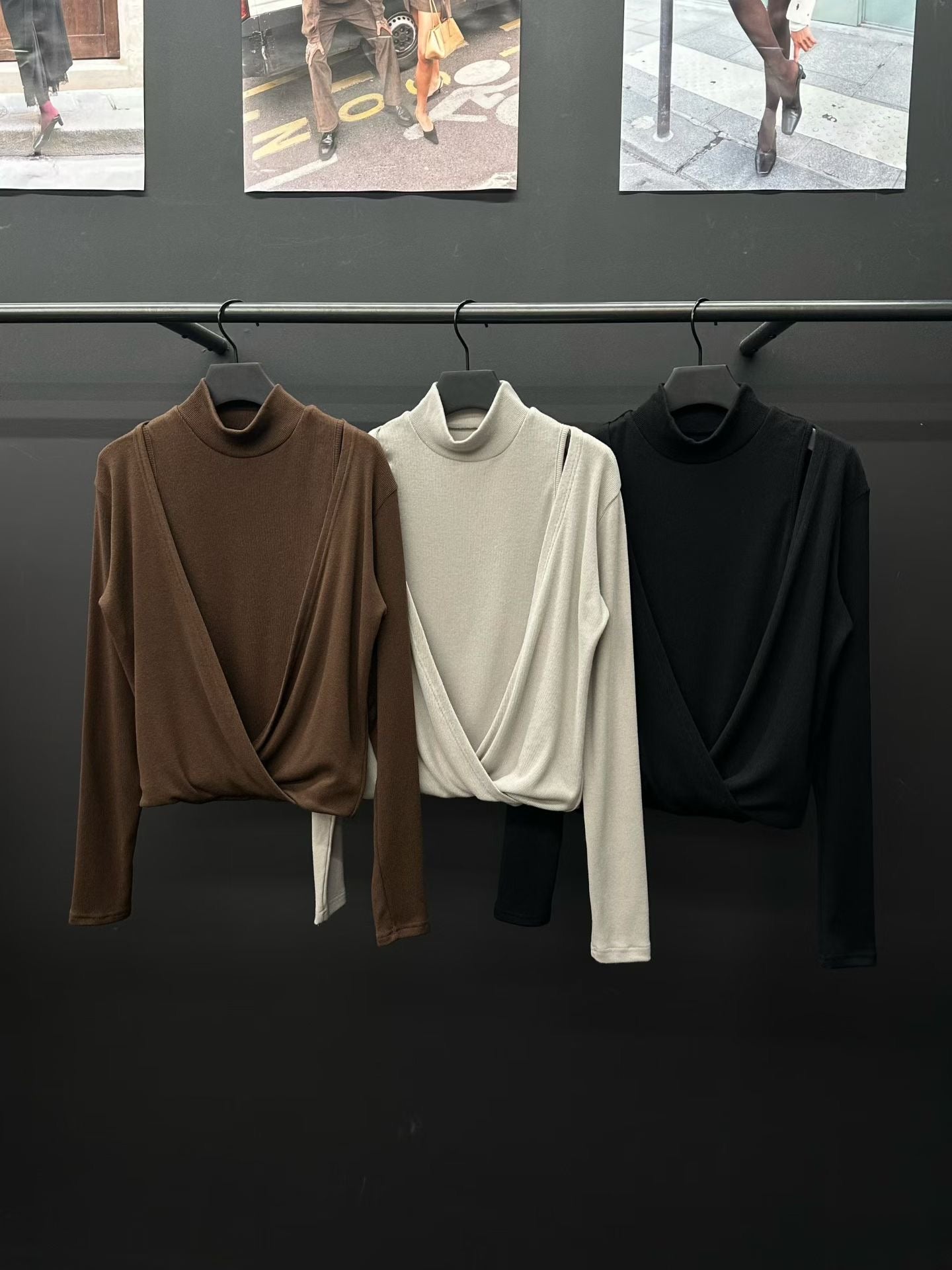 TP22020- 韓國高領露肩針織假兩件上衣