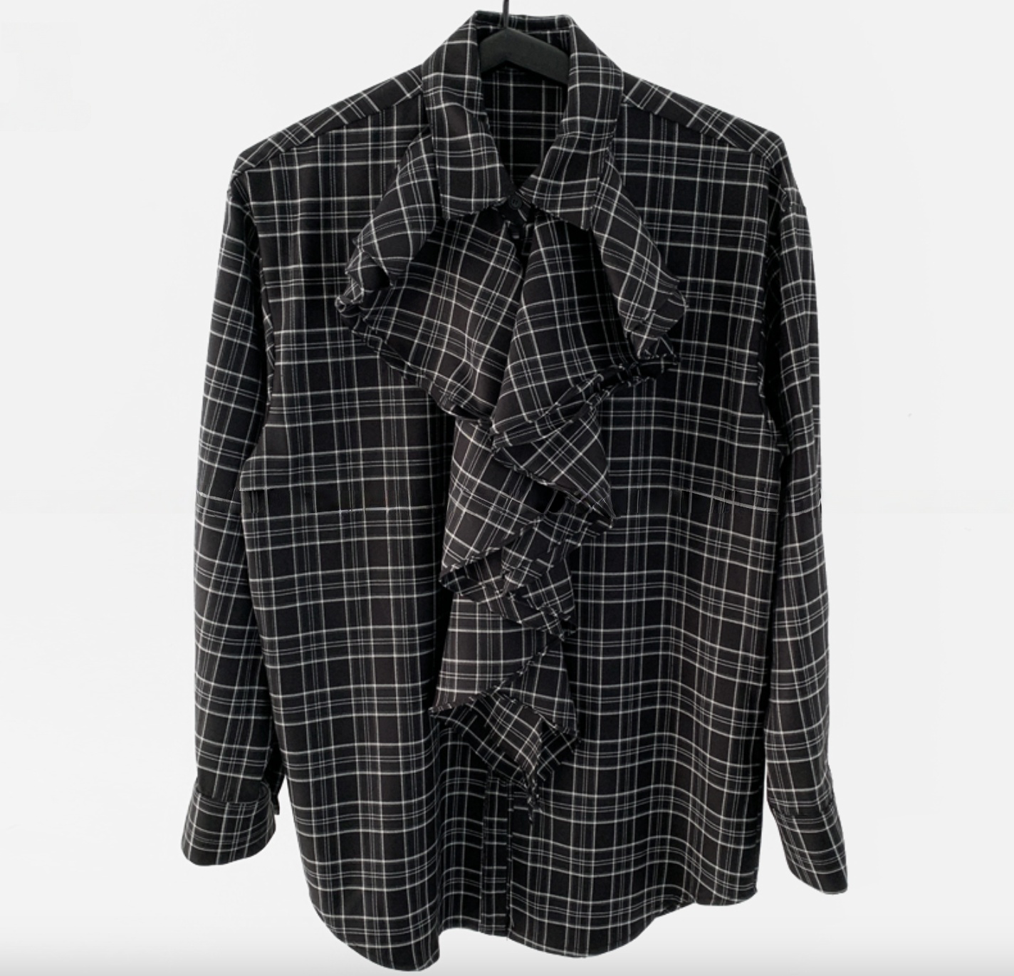 TP22073- 韓國設計師款復古浪漫格紋荷葉邊長袖襯衫