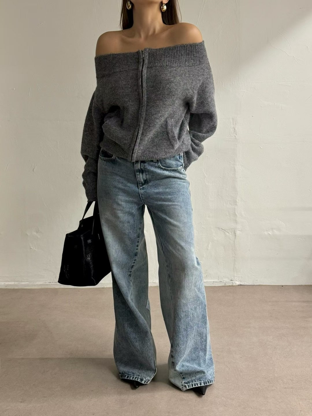 TP22086- 韓國法式羊毛混紡一字領寬鬆長袖毛衣