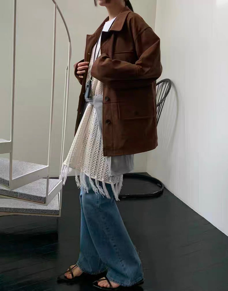 OT22018- 韓國復古寬鬆工裝大口袋翻領高品質防麂皮外套