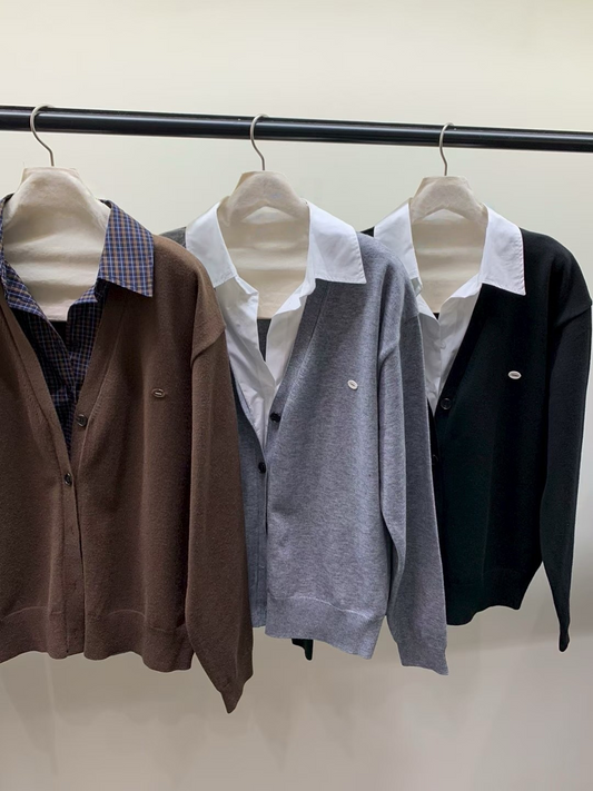 TP21913- 韓國設計師品牌Miu系學院風假兩件V領毛衣开衫cardigan