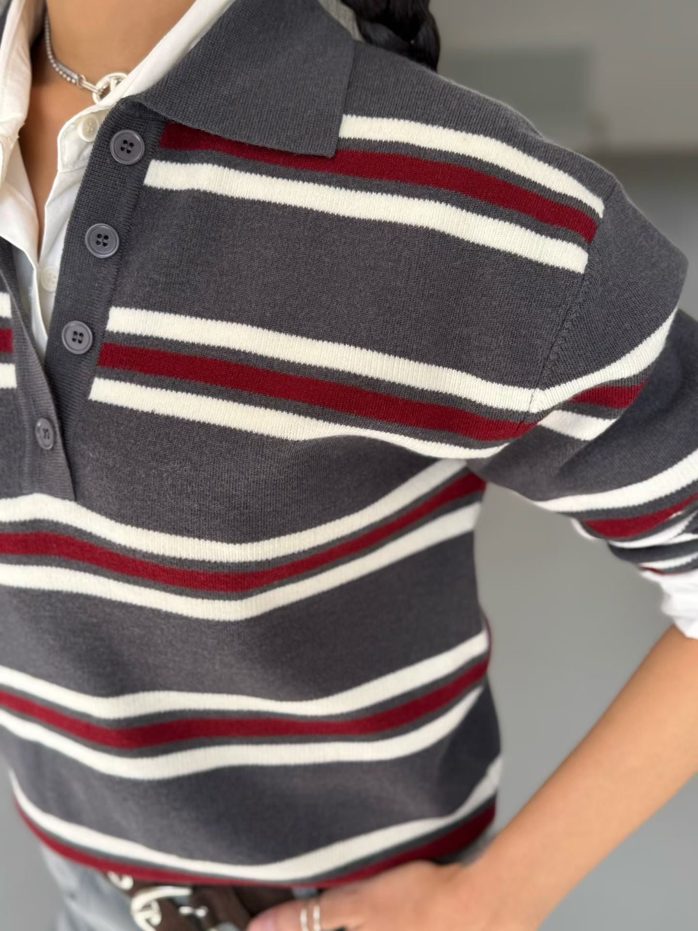 TP22025- 韓國撞色條紋短版POLO針織衫