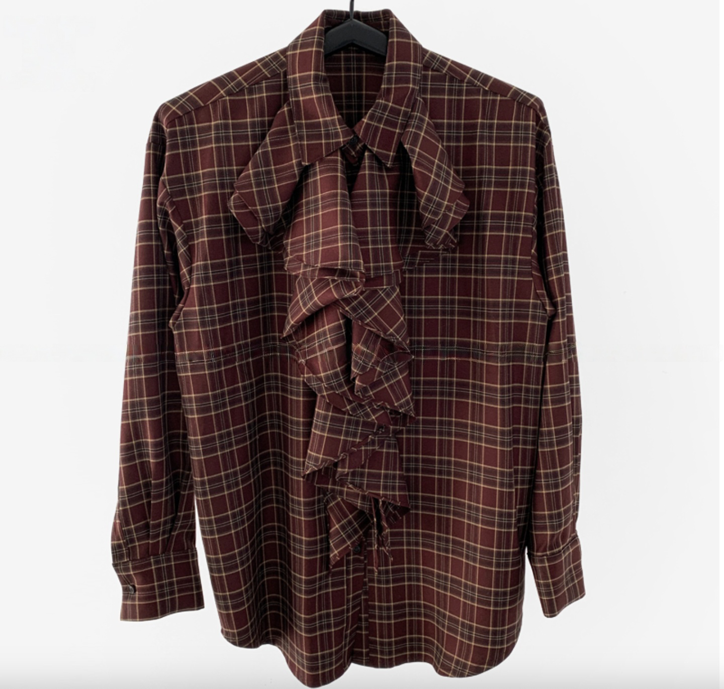 TP22073- 韓國設計師款復古浪漫格紋荷葉邊長袖襯衫