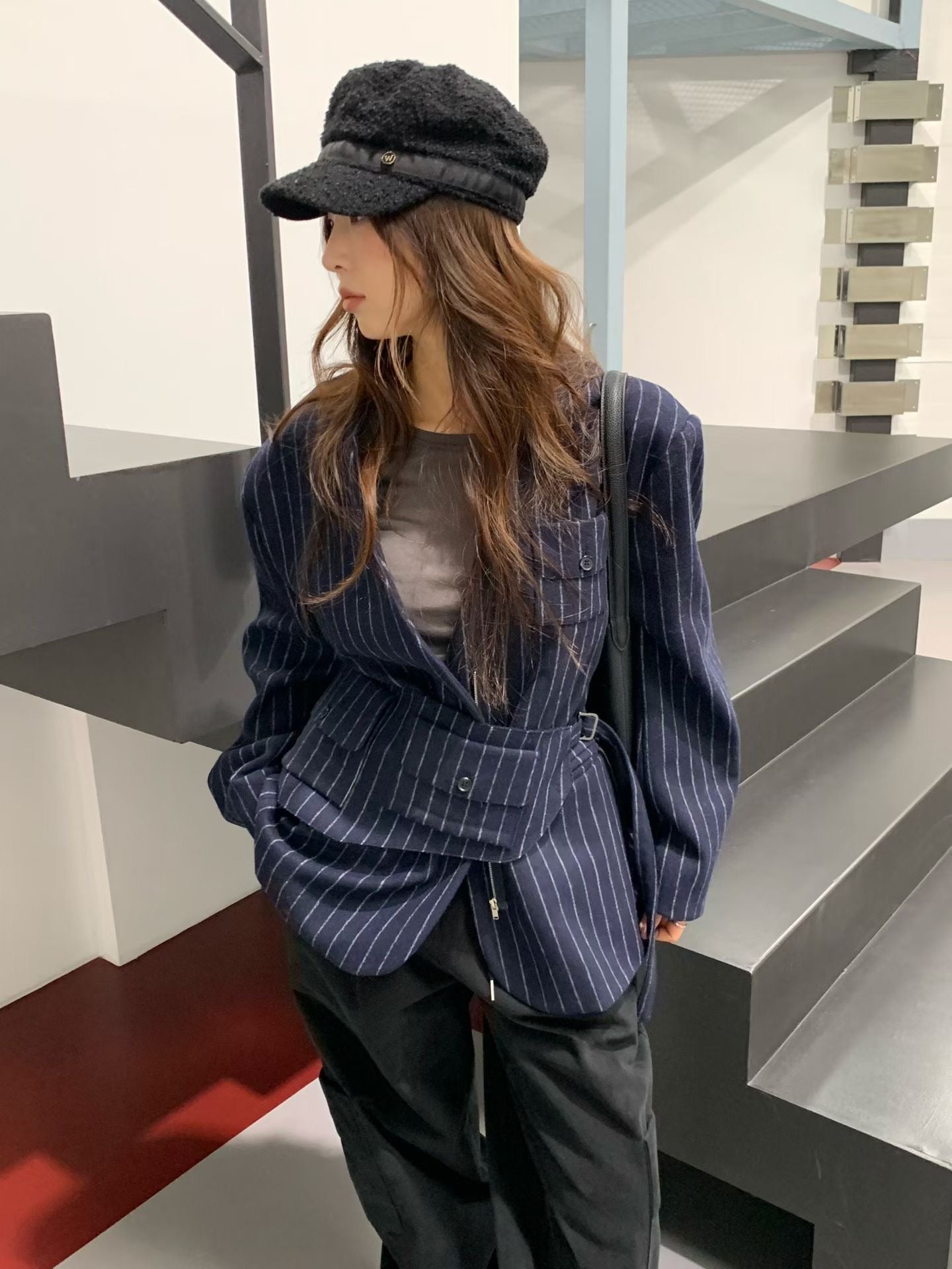 JK22083- 韓國率性無領條紋拉鍊西裝外套