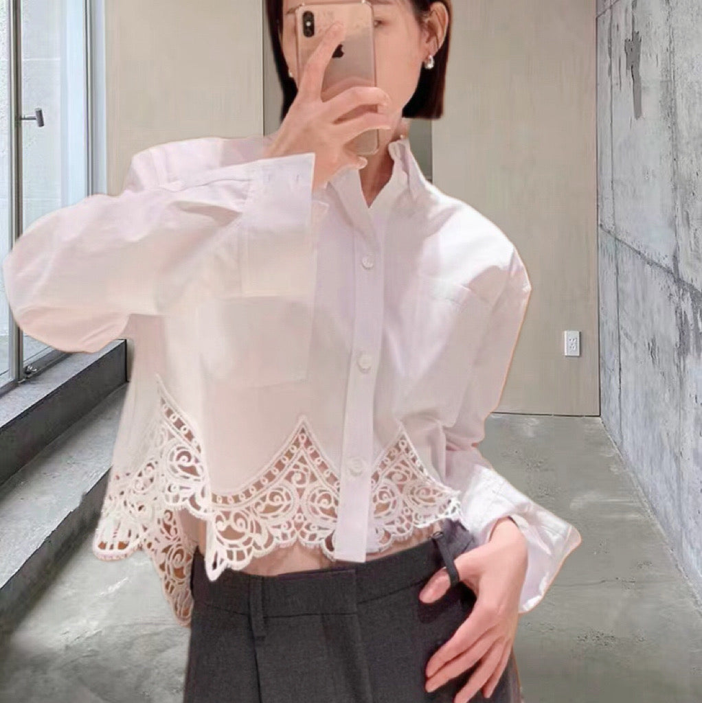 TP11330- Elegant French lace stitching design women’s white shirt