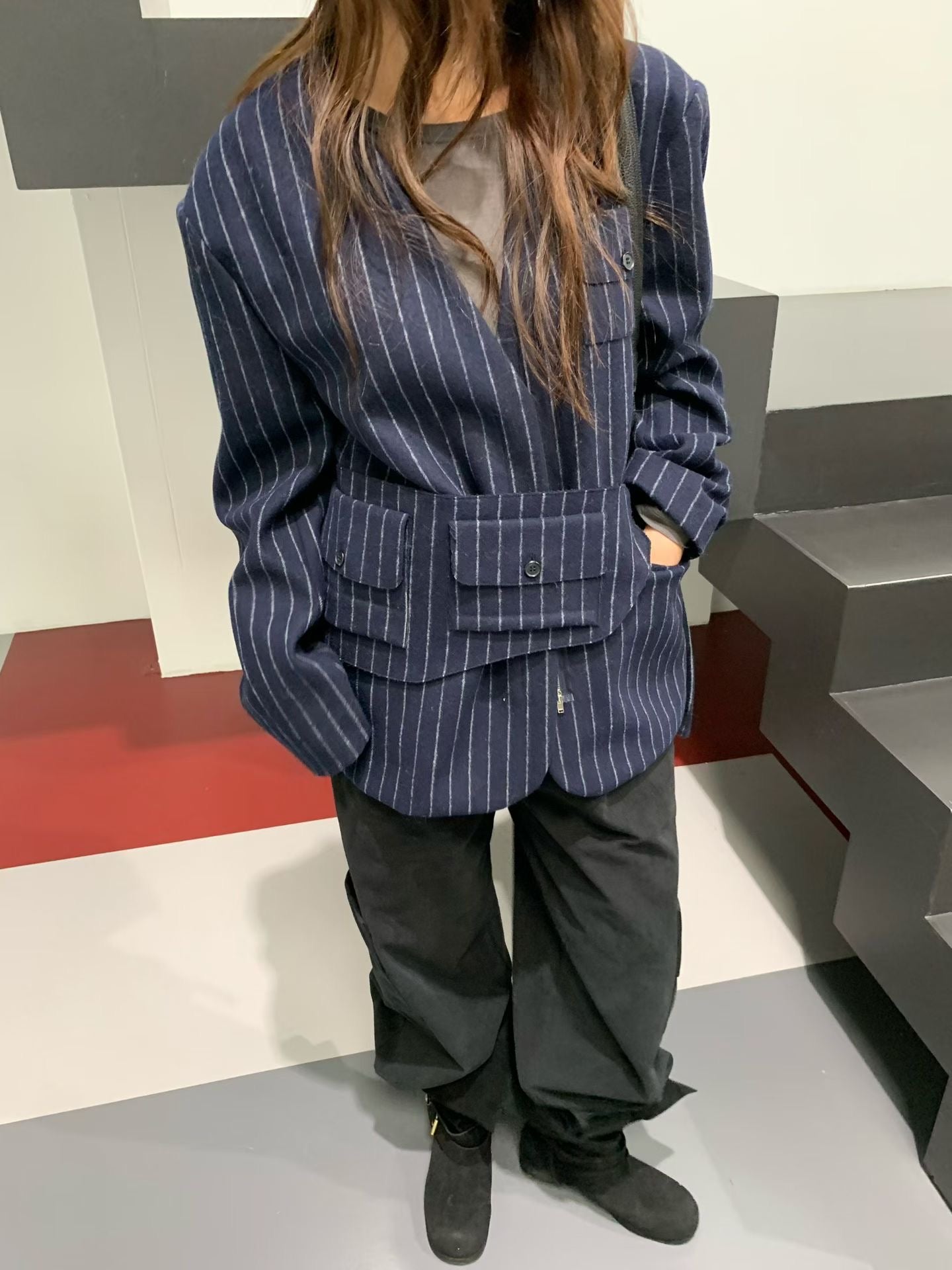 JK22083- 韓國率性無領條紋拉鍊西裝外套