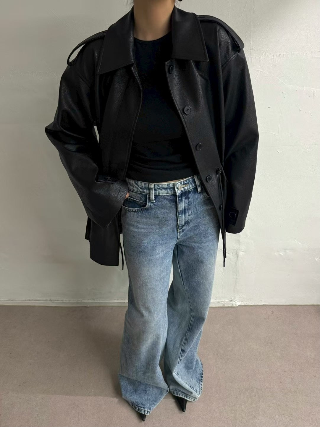 JK22089- 韓國PU皮革寬鬆機車外套