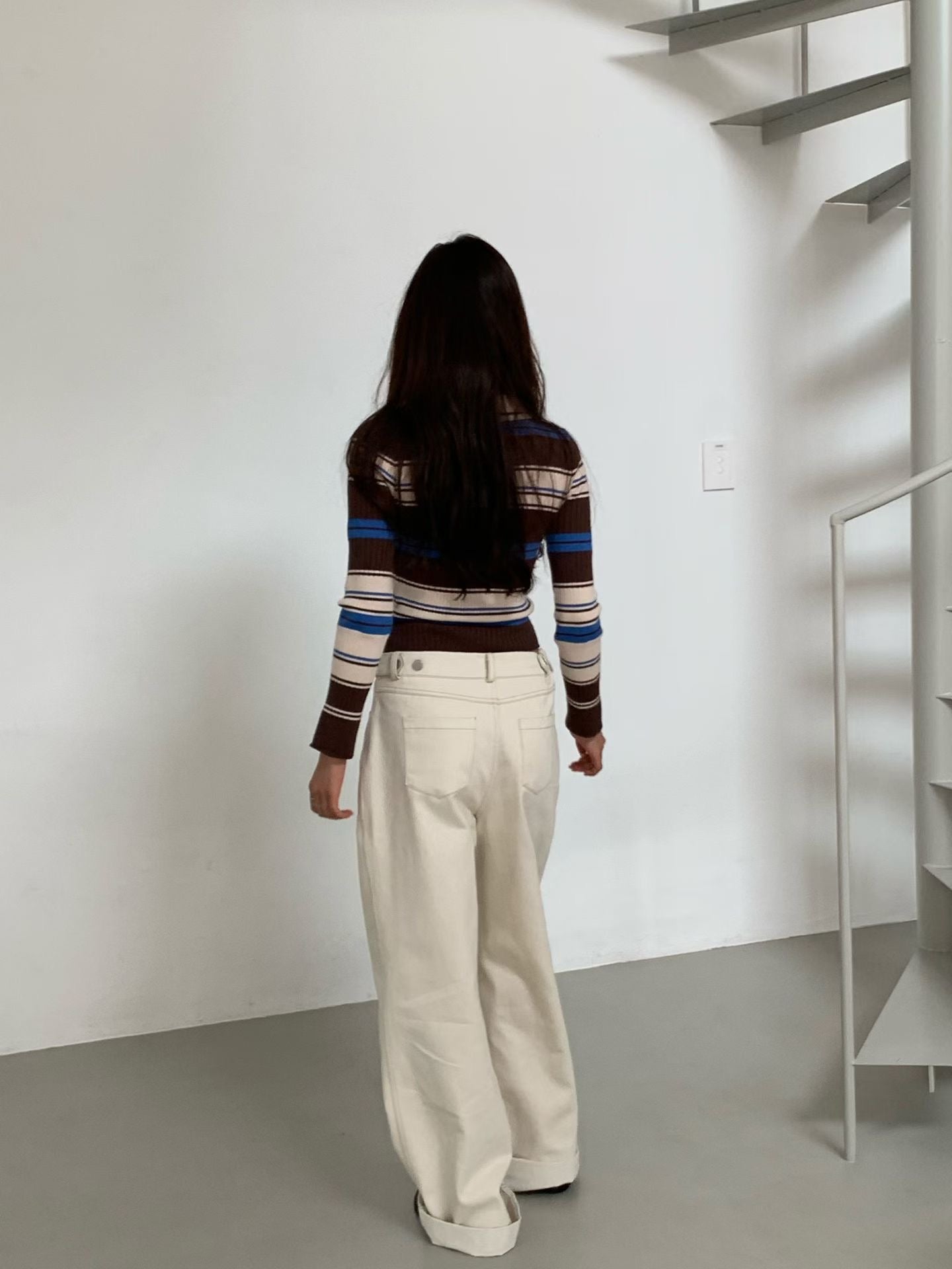 TP22006- 韓國短身復古修身撞色條紋毛衣針織開襟衫