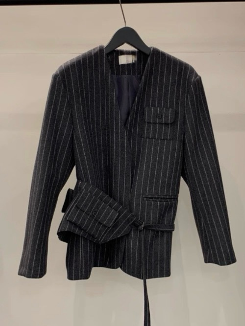 JK22083- 韓國率性無領條紋拉鍊西裝外套