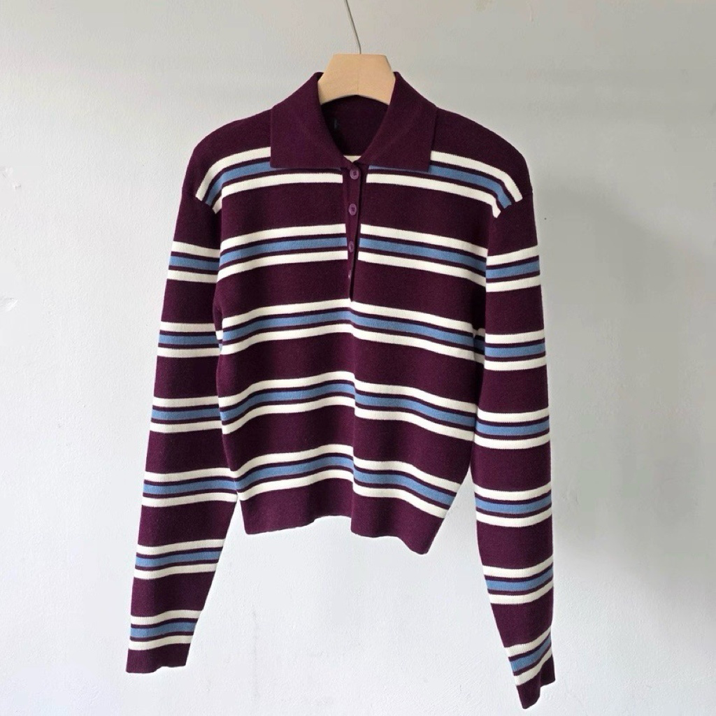 TP22025- 韓國撞色條紋短版POLO針織衫