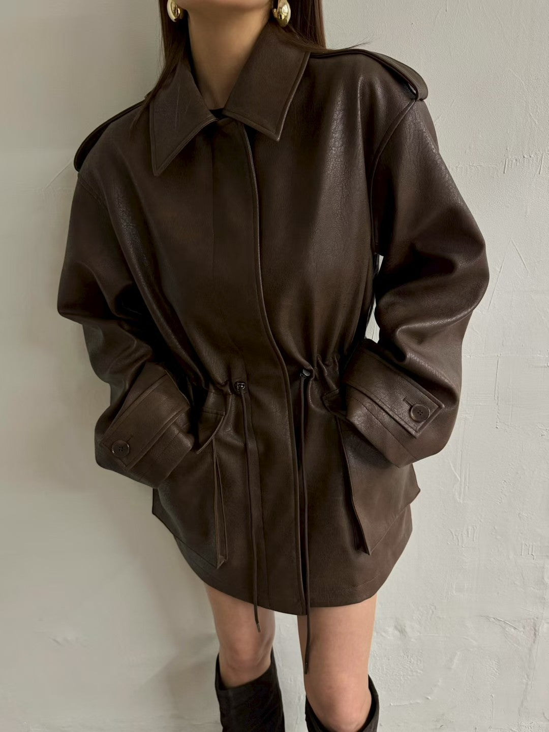 JK22089- 韓國PU皮革寬鬆機車外套