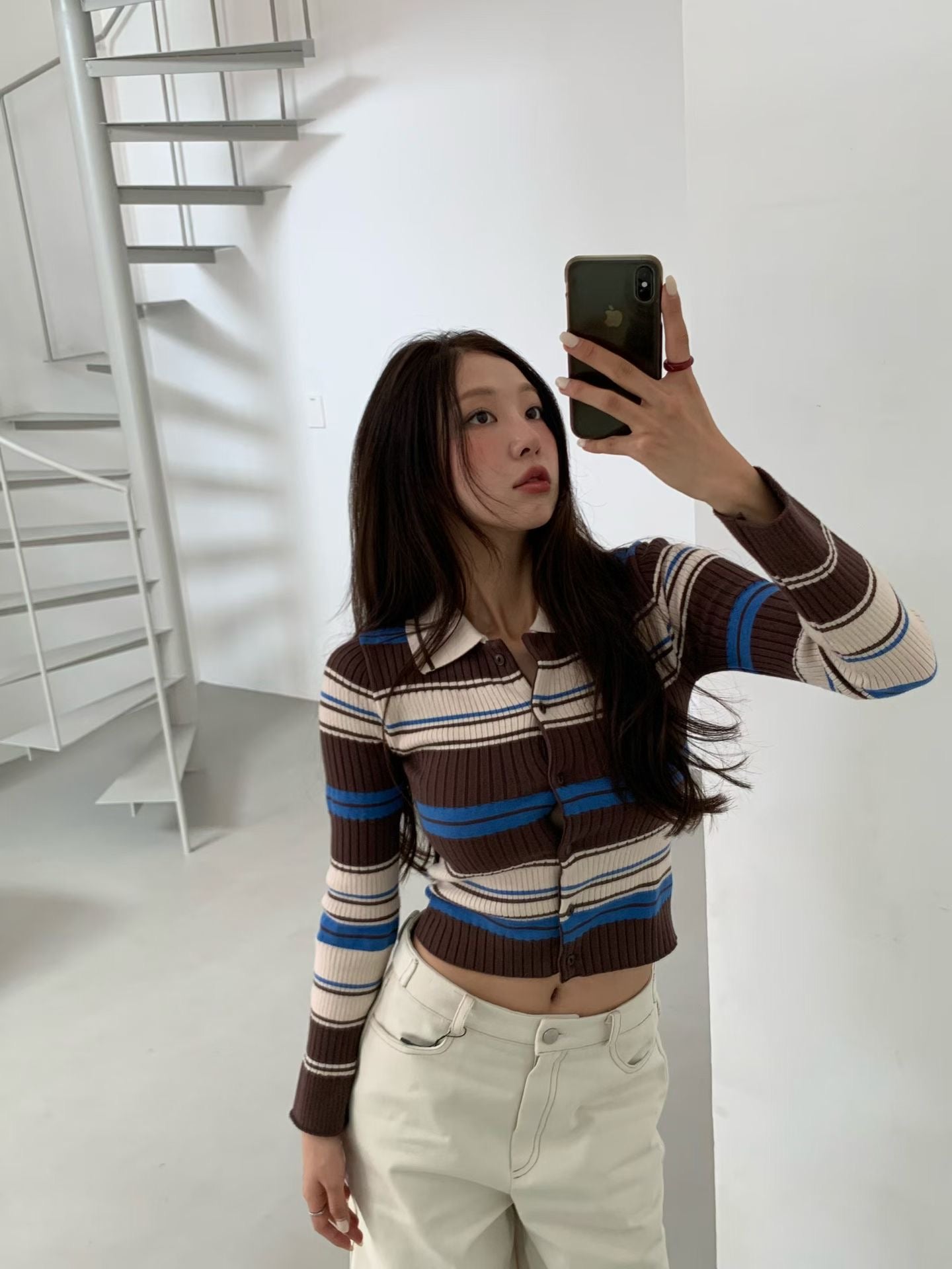 TP22006- 韓國短身復古修身撞色條紋毛衣針織開襟衫