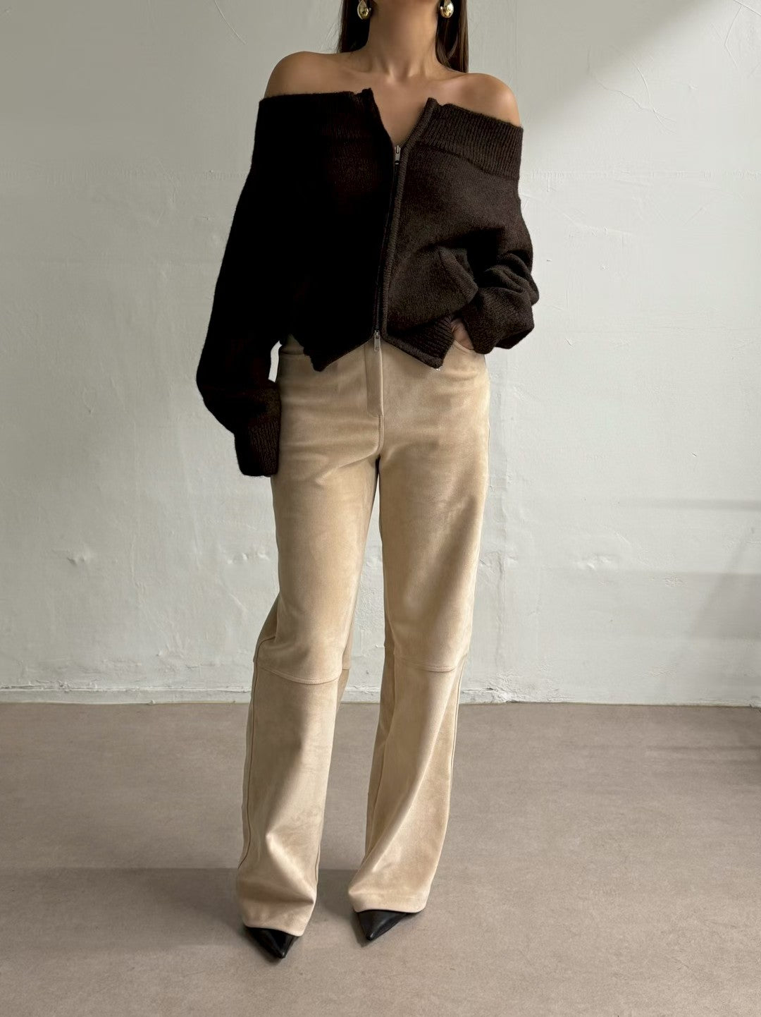 TP22086- 韓國法式羊毛混紡一字領寬鬆長袖毛衣