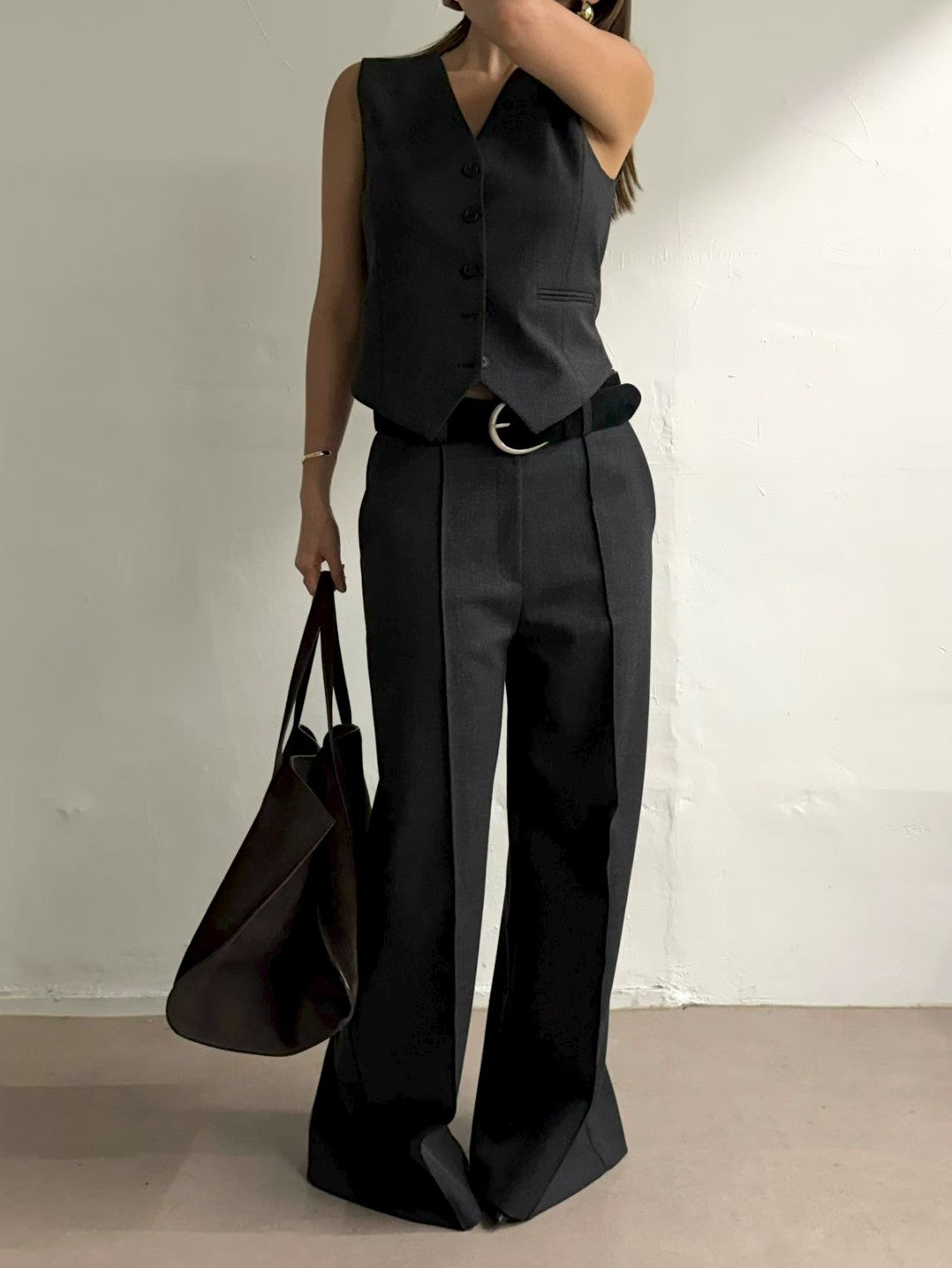 ST22090- 韓國西裝馬甲背心 + 寬鬆直筒褲兩件套