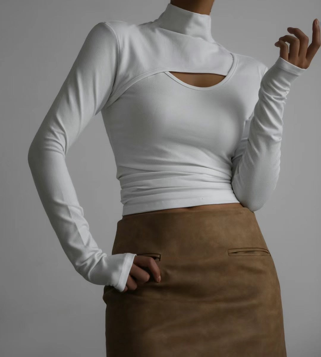 TP11336- Korean mid-front hollow turtleneck slim solid color long-sleeved T-shirt