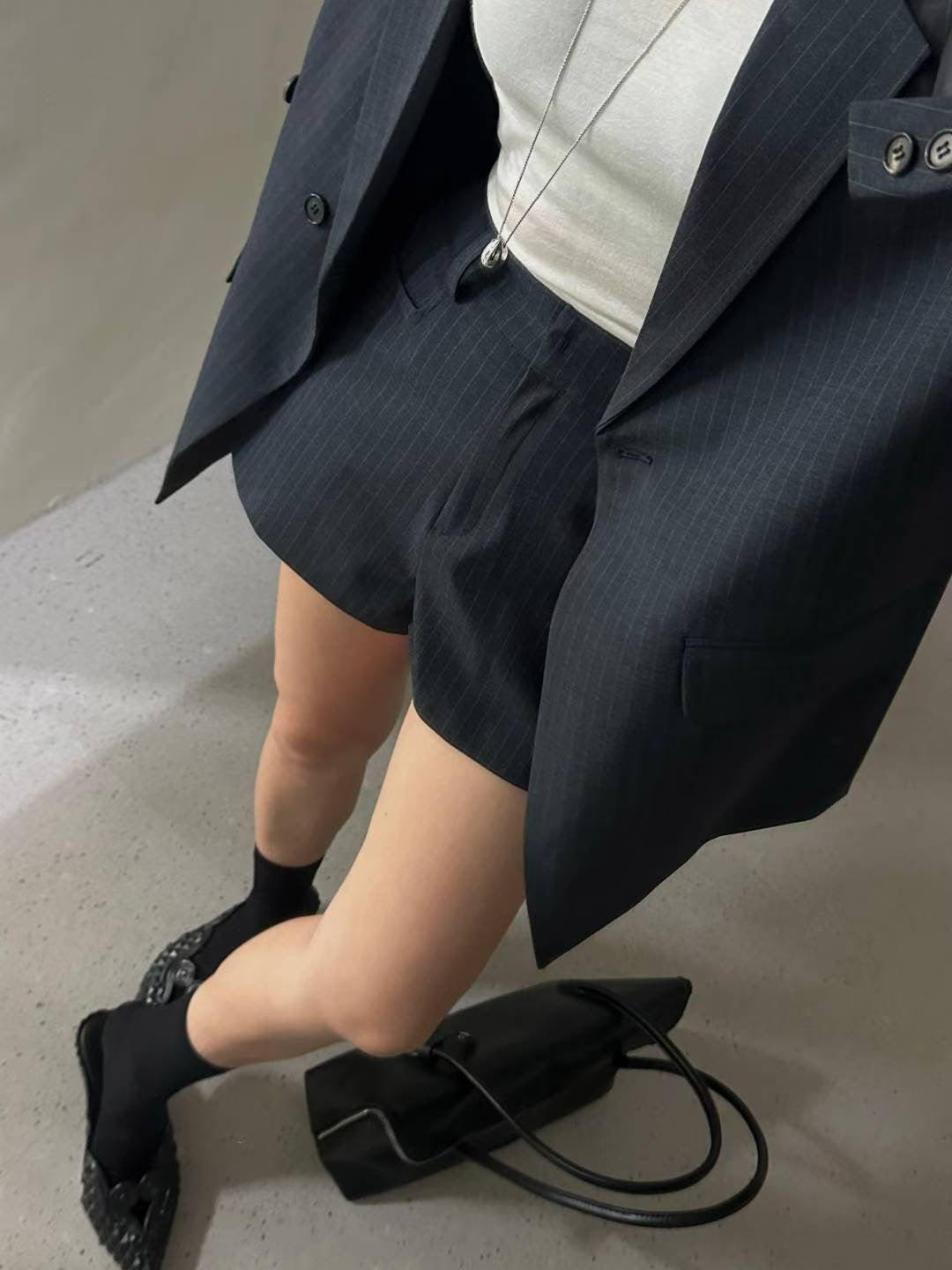 ST21886- 韓國英倫風高級感Oversized條紋西裝+橡根腰短褲套裝