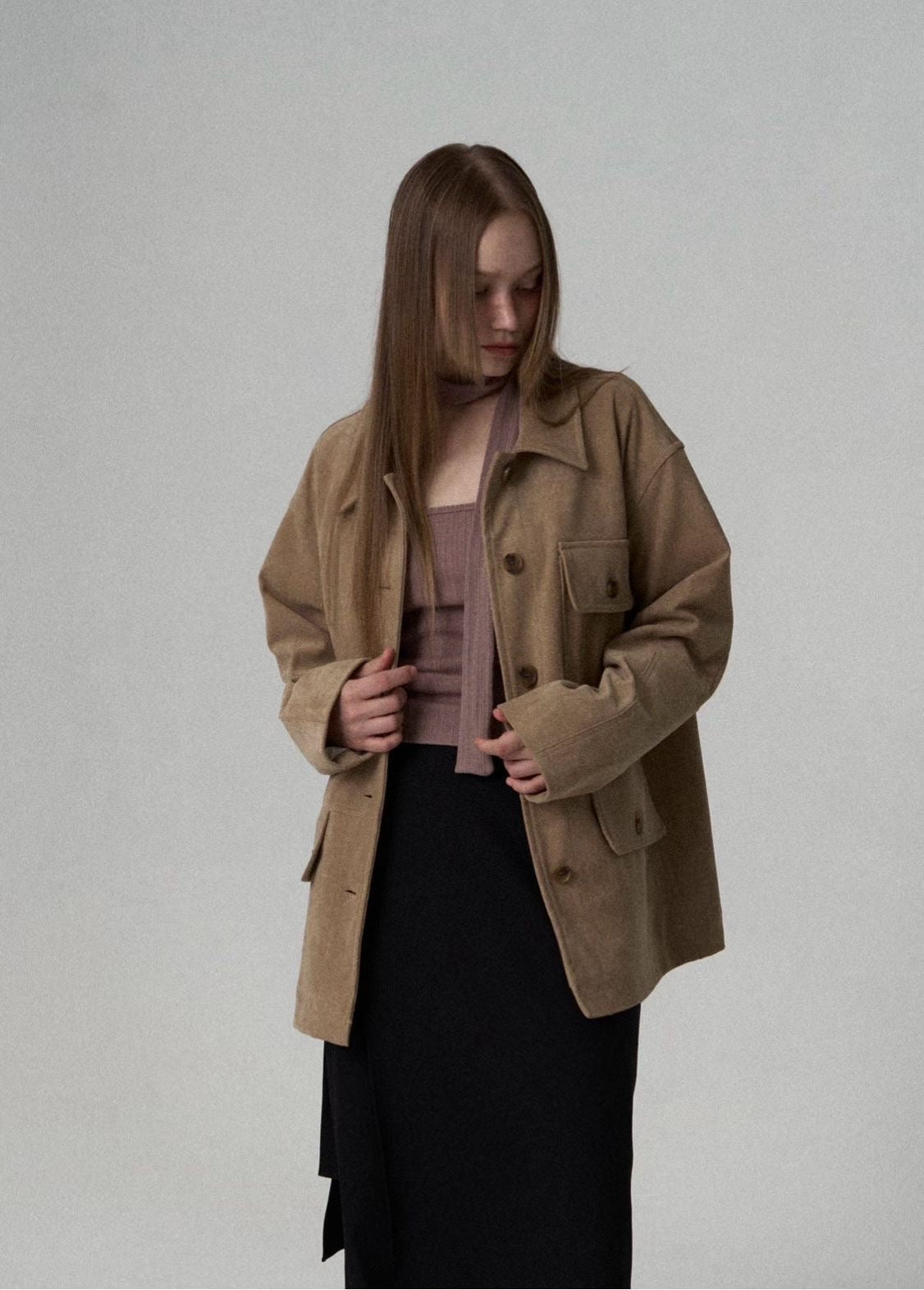 OT22018- 韓國復古寬鬆工裝大口袋翻領高品質防麂皮外套