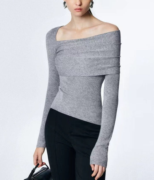 TP11323-Off-the-shoulder knitted design long-sleeved bottoming shirt