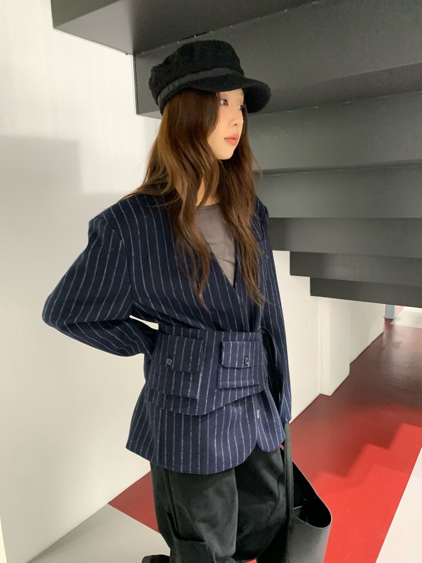 JK22083- 韓國率性無領條紋拉鍊西裝外套